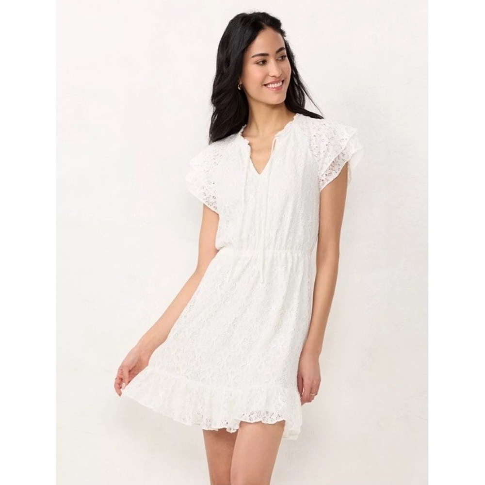 White Lace Flutter Sleeve Dress